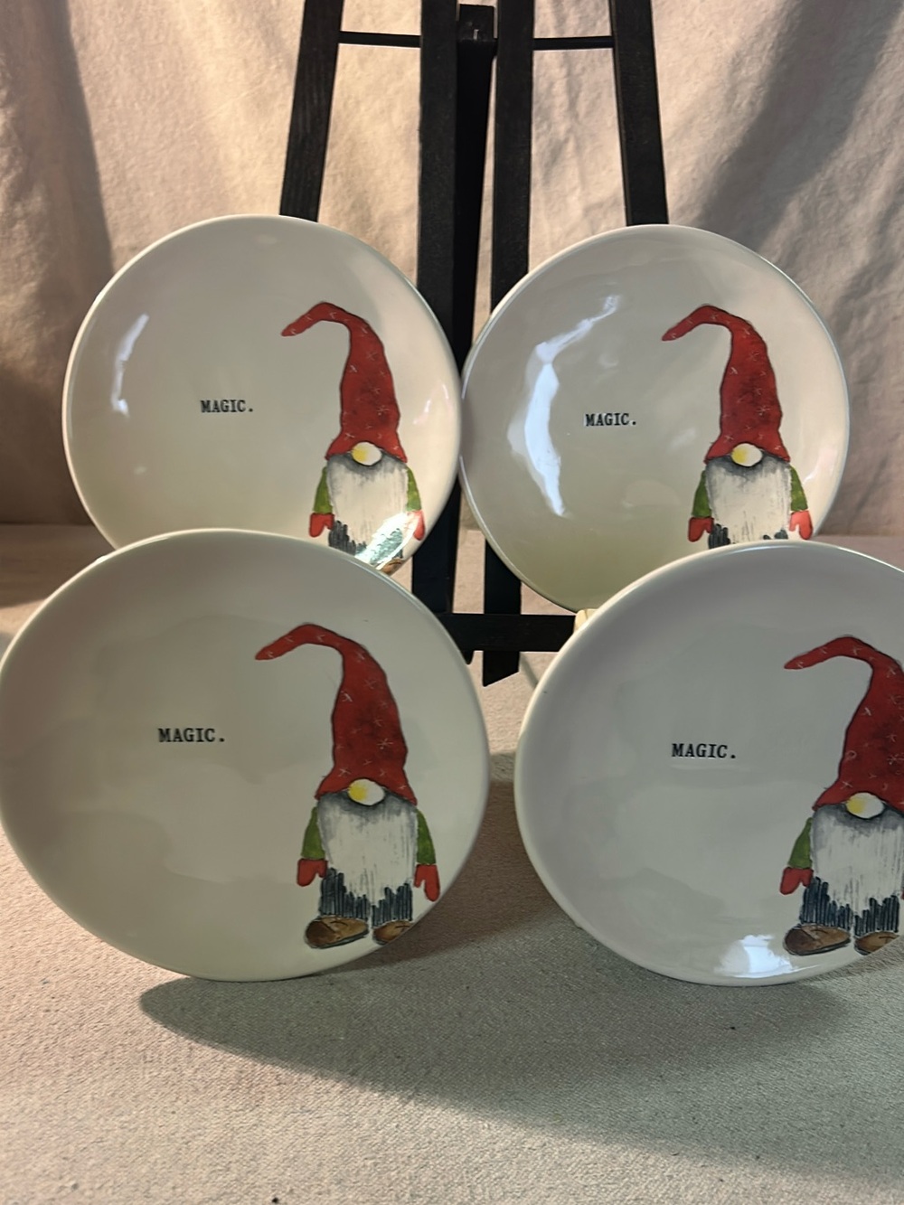 Rae Dunn White Ceramic Dinner Plates with Red Gnome Design